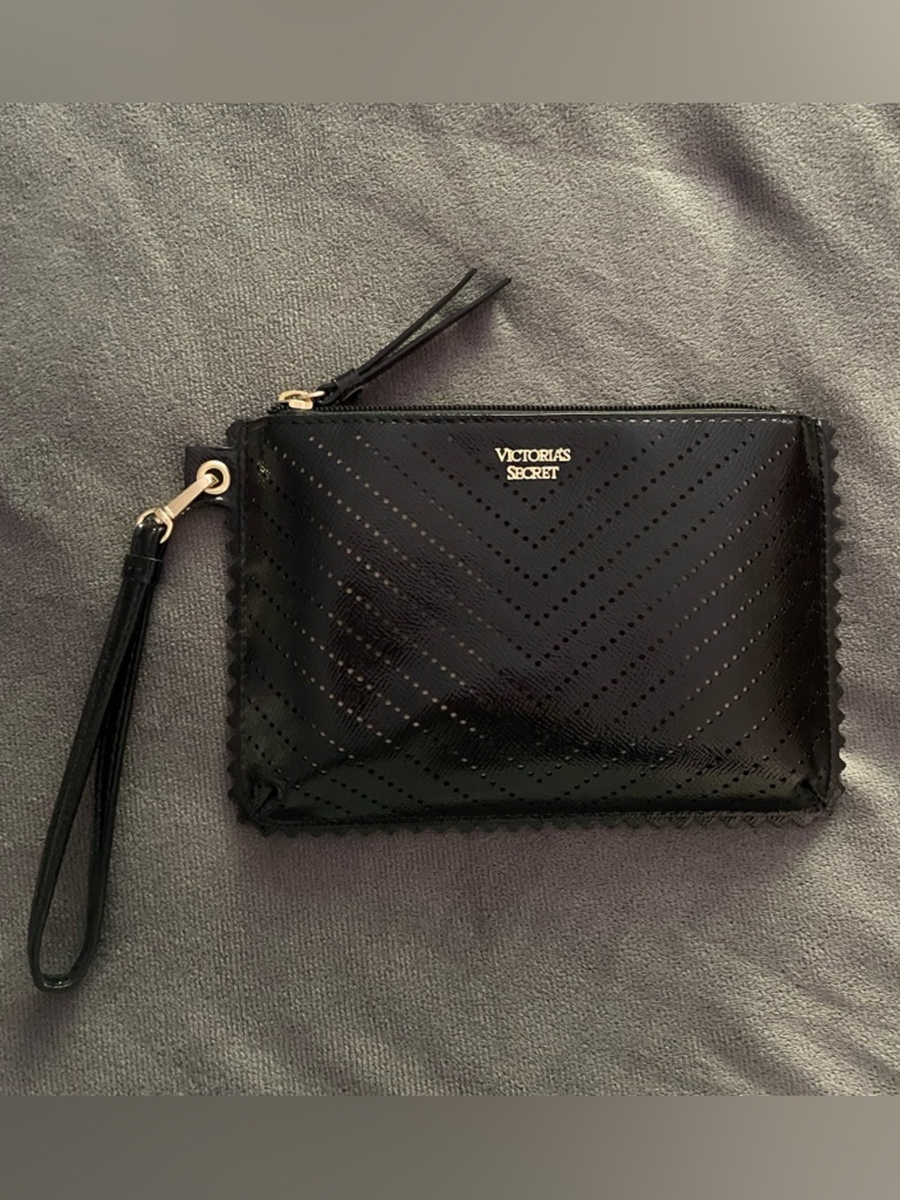 Victoria's Secret Black Perforated Patent Wristlet Clutch